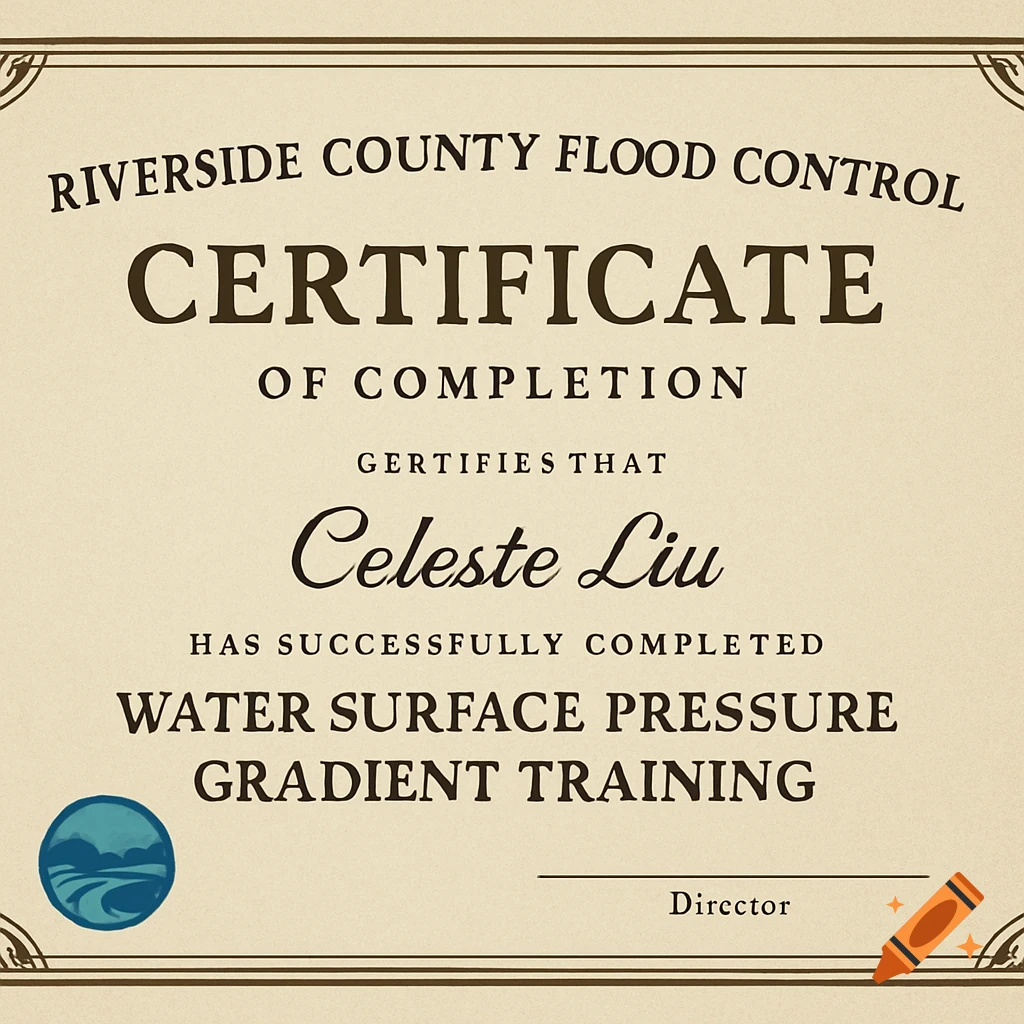 A certificate of completion for water surface pressure gradient training from Riverside County Flood Control, issued to Celeste Liu.