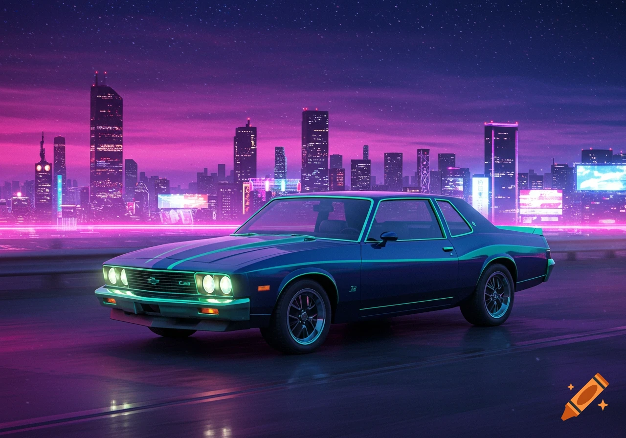 Blue car driving on a road at night with a neon synthwave city skyline in the background