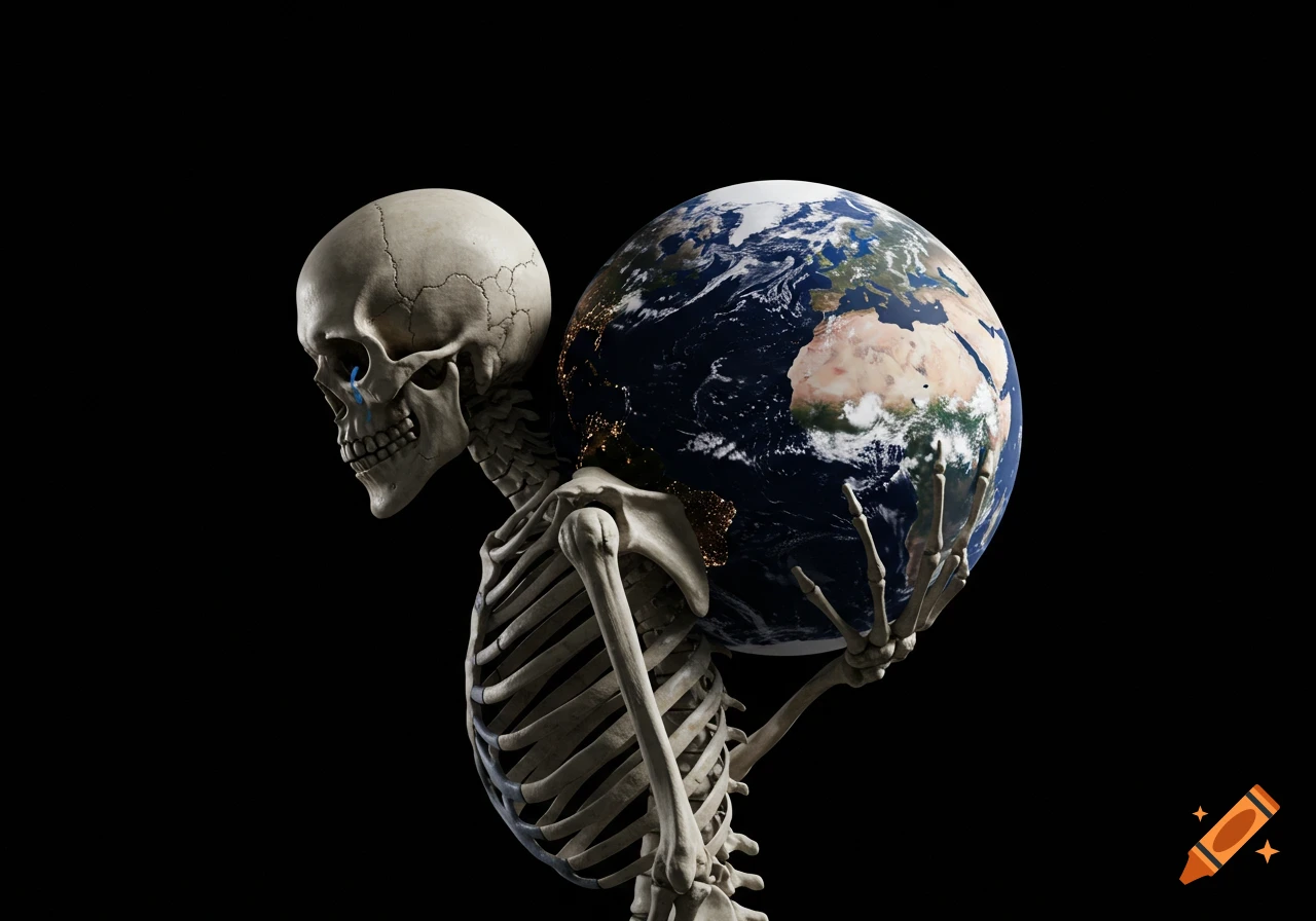 A skeleton with blue tears carries the planet Earth on its back against a black background.