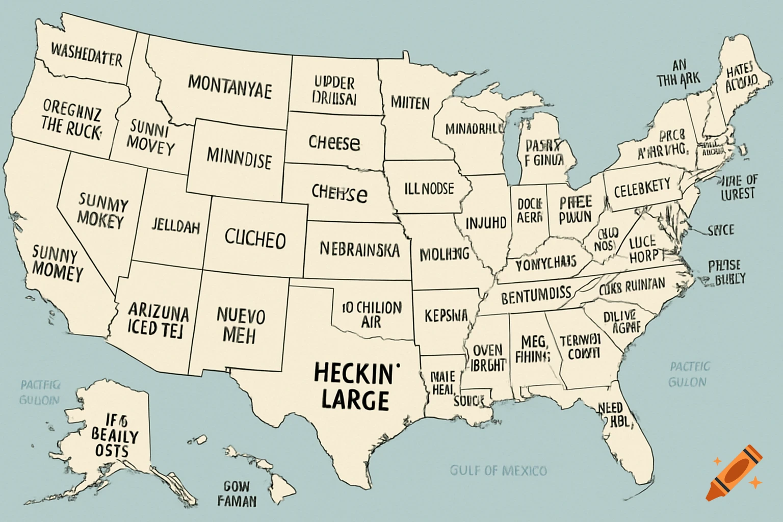 A map of the USA with funny, misspelled state names like 'Heckin' Large' and 'Washedater'.