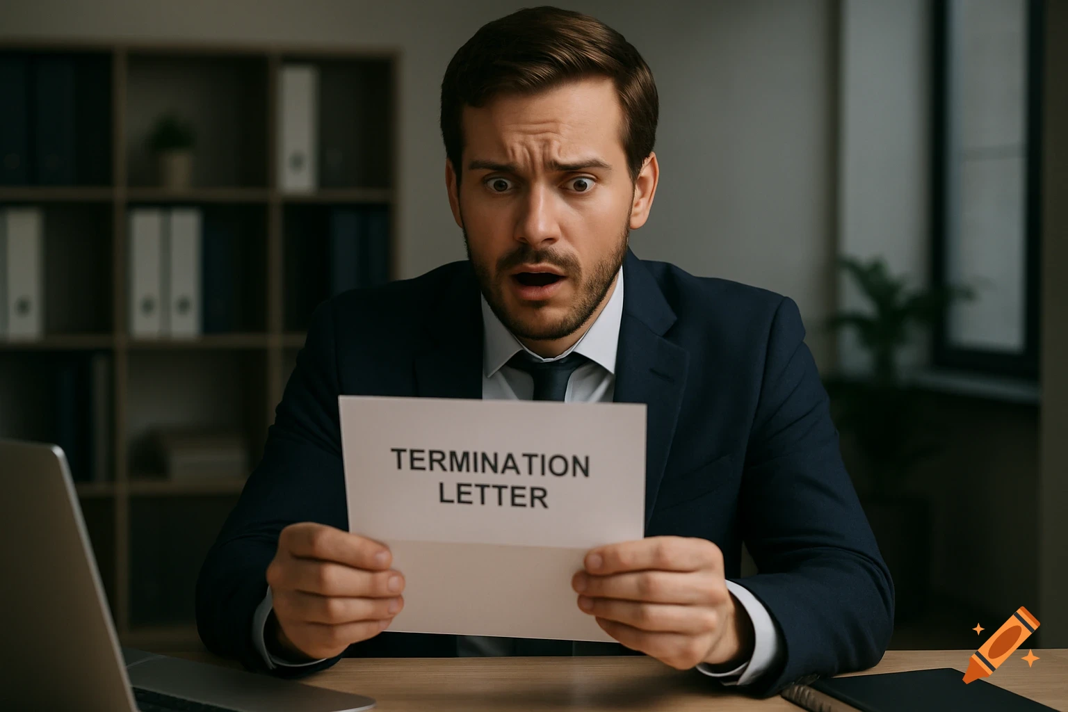 Shocked businessman in an office holding a termination letter.