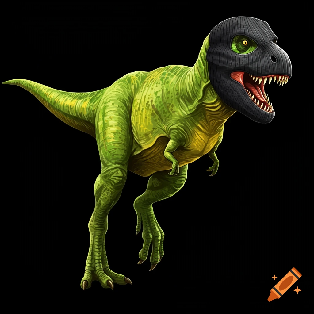 A cartoonish green T-Rex dinosaur wearing a black ski mask against a black background.