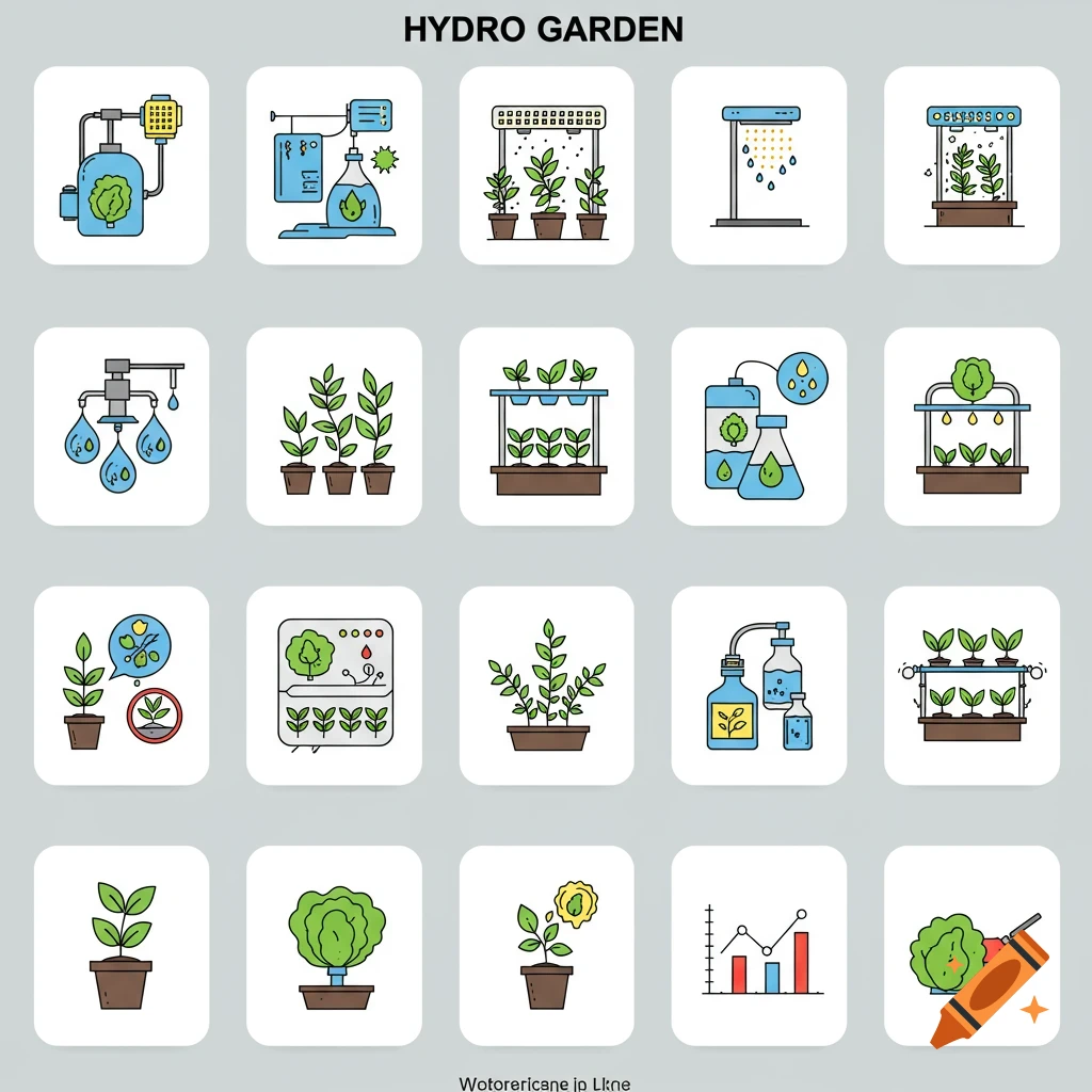 Grid of flat design icons depicting various elements of a hydro garden system.