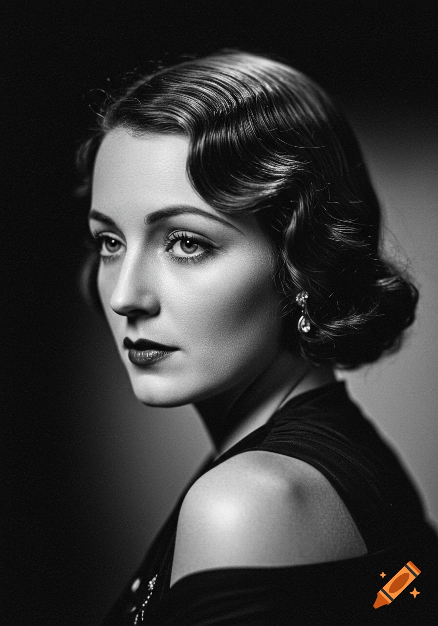 Black and white portrait of woman in 1920s style.