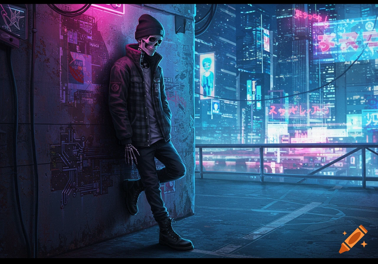 Skeleton in beanie and jacket leaning on wall in neon cyberpunk city.