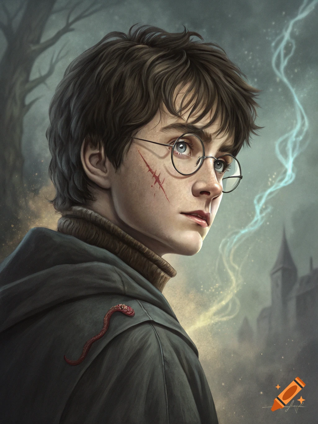 Realistic portrait of young Harry Potter with glasses and scar, looking over his shoulder.