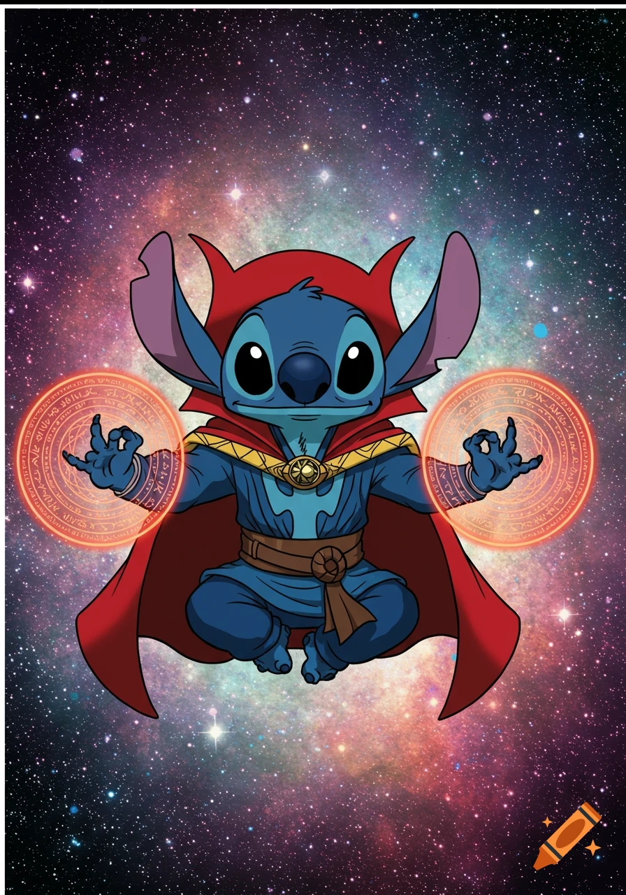 Cartoon Stitch dressed as Doctor Strange, floating in space and casting a spell with glowing orange circles.