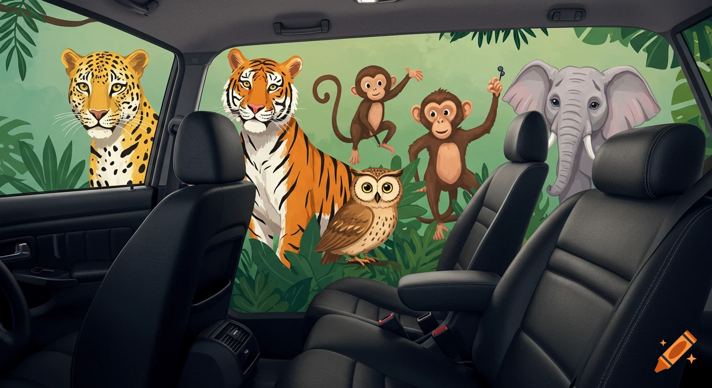 A wallpaper inside a car featuring cartoon jungle animals (leopard, tiger, monkeys, owl, elephant).