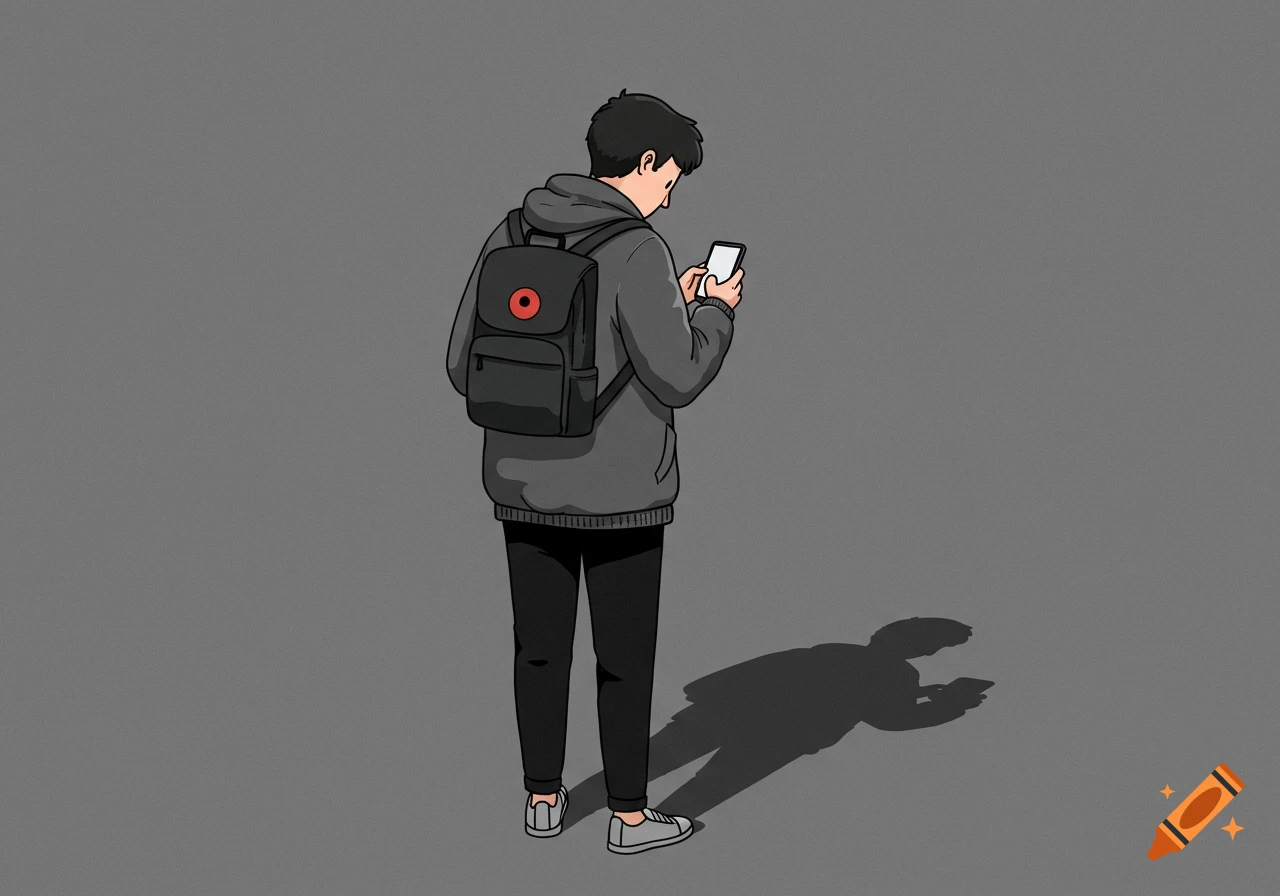 A cartoon illustration shows a person from behind, wearing a hoodie and backpack, looking down at a mobile phone.