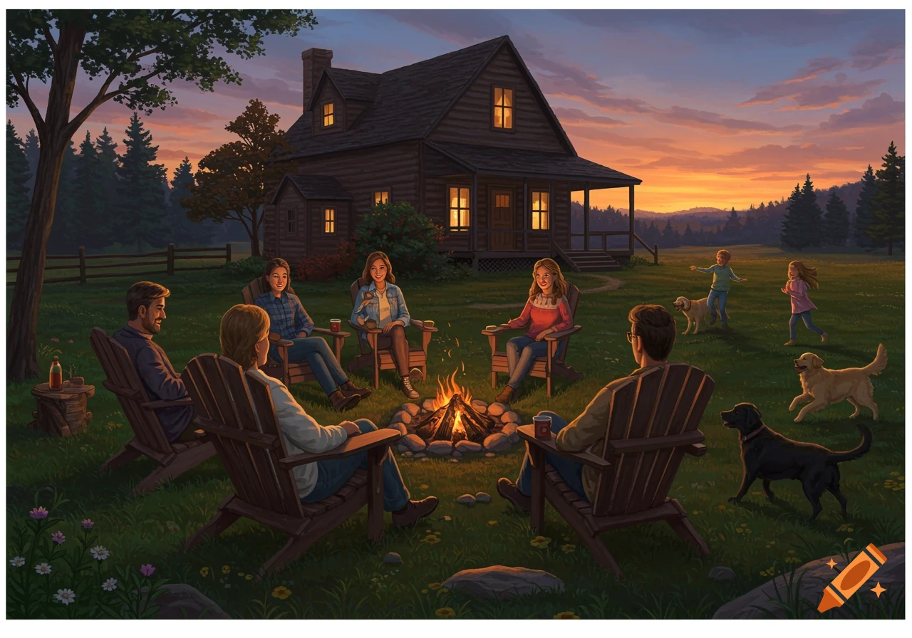 A family by a campfire outside a cabin at sunset with children and dogs playing.