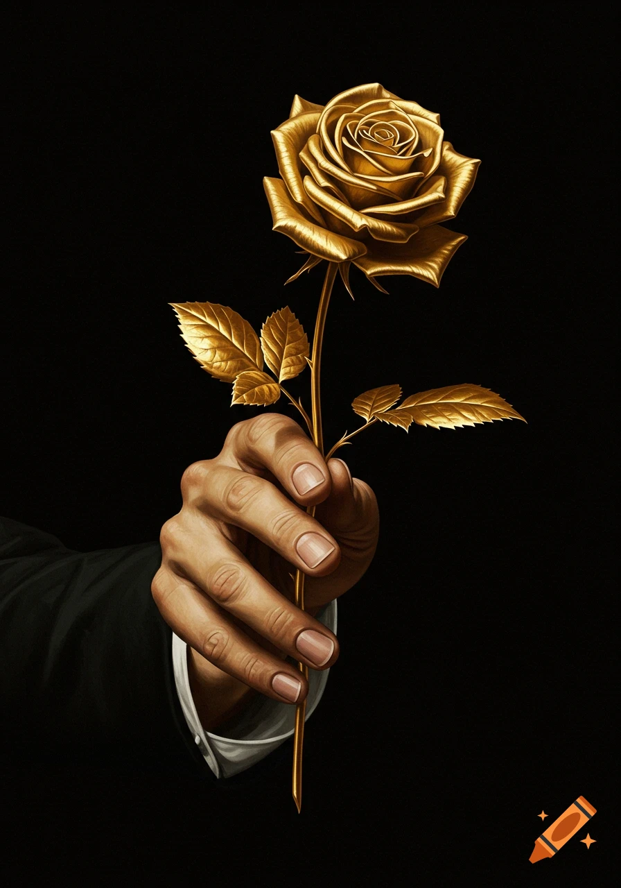 A hand holding a golden rose on a black background.
