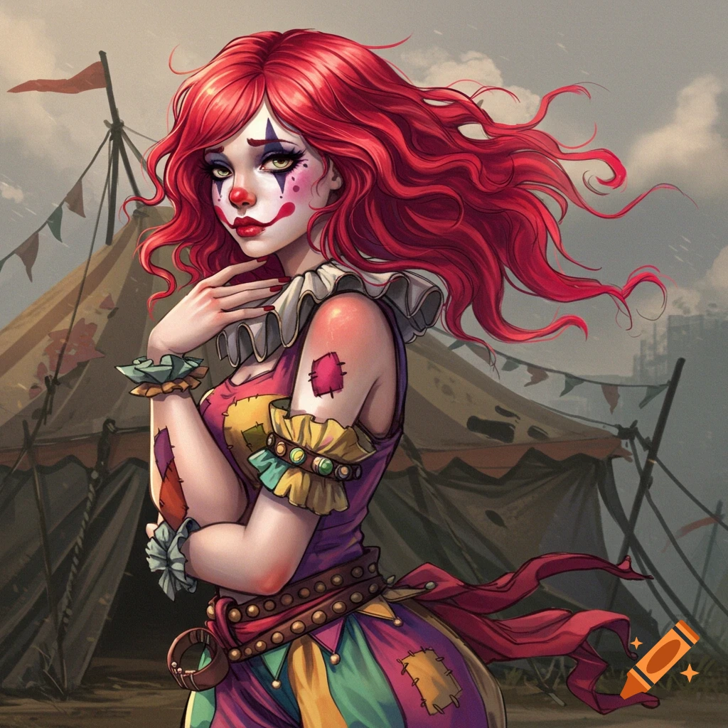 Illustration of a clown girl with red hair and a colorful patched costume standing in front of a circus tent.