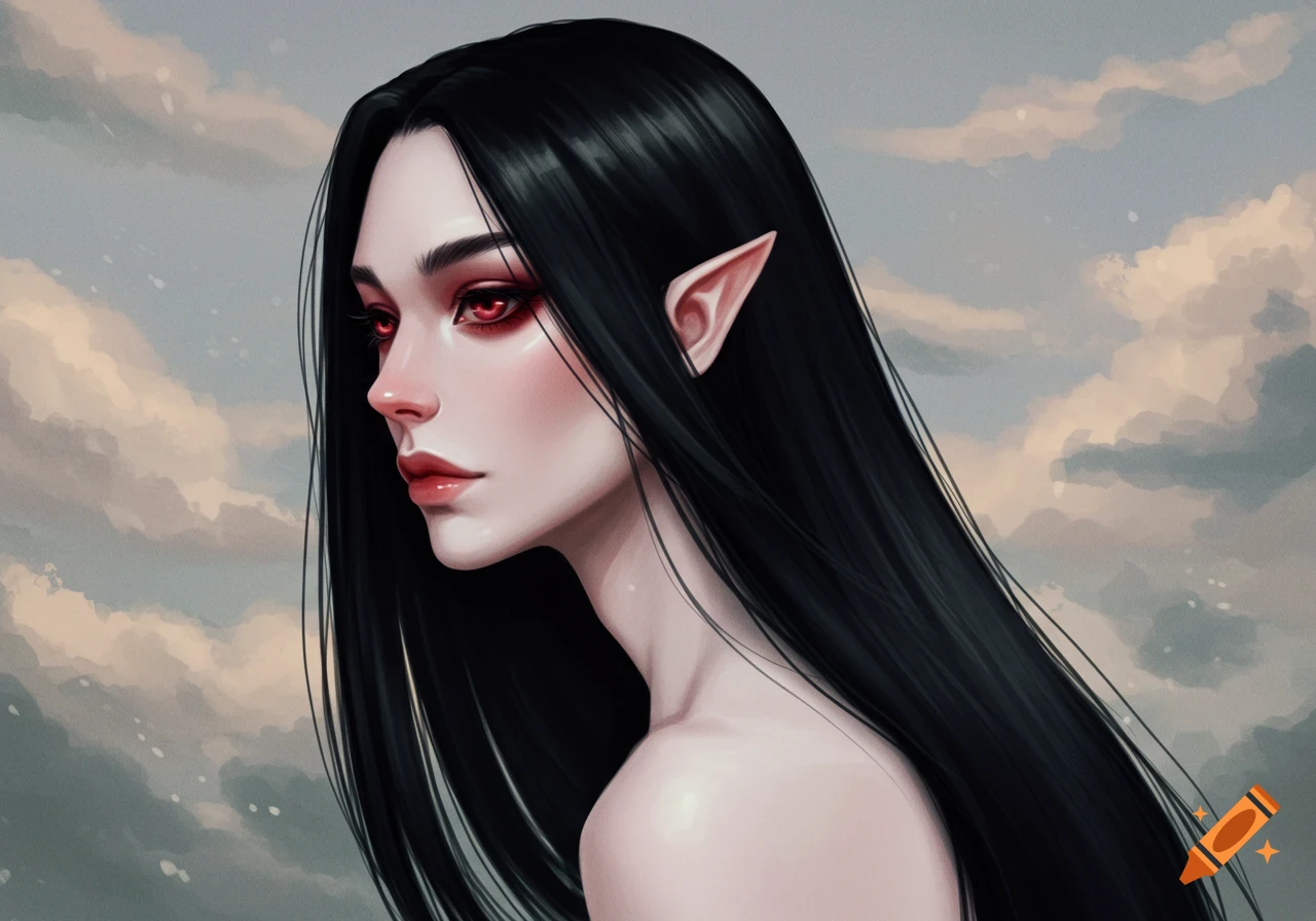 A woman with long black hair, red eyes, and pointed ears, looking left against a cloudy sky.