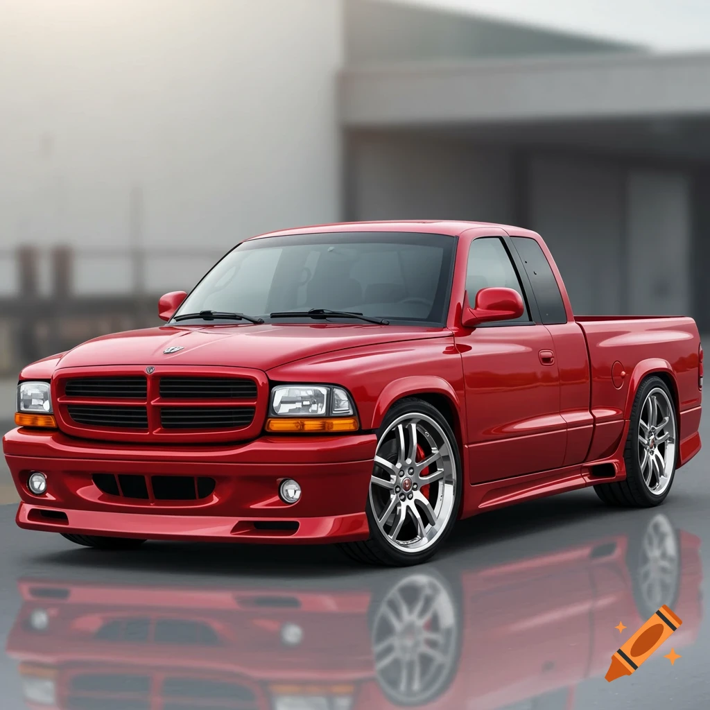 A red modified pickup truck is parked on a reflective surface.