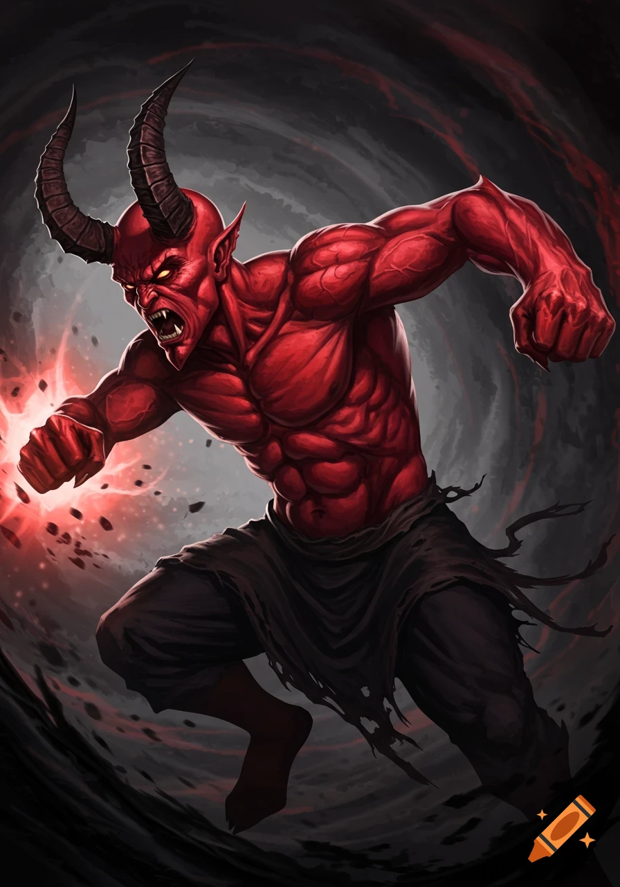 A muscular red demon with horns prepares to punch, surrounded by swirling darkness in a dynamic illustration.