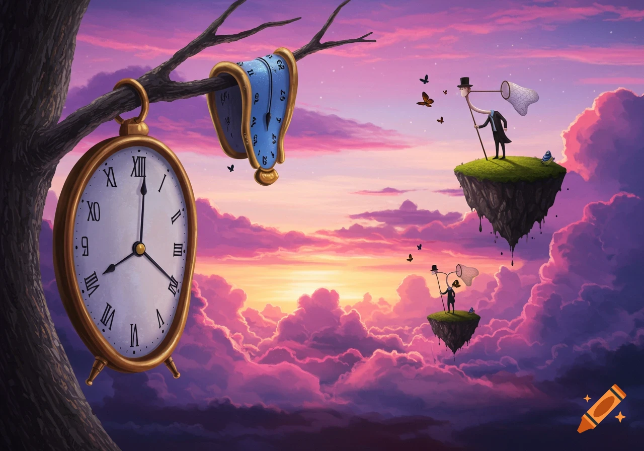 Surreal landscape with melting and distorted clocks on a tree branch, floating islands with figures catching butterflies, against a colorful sunset sky.