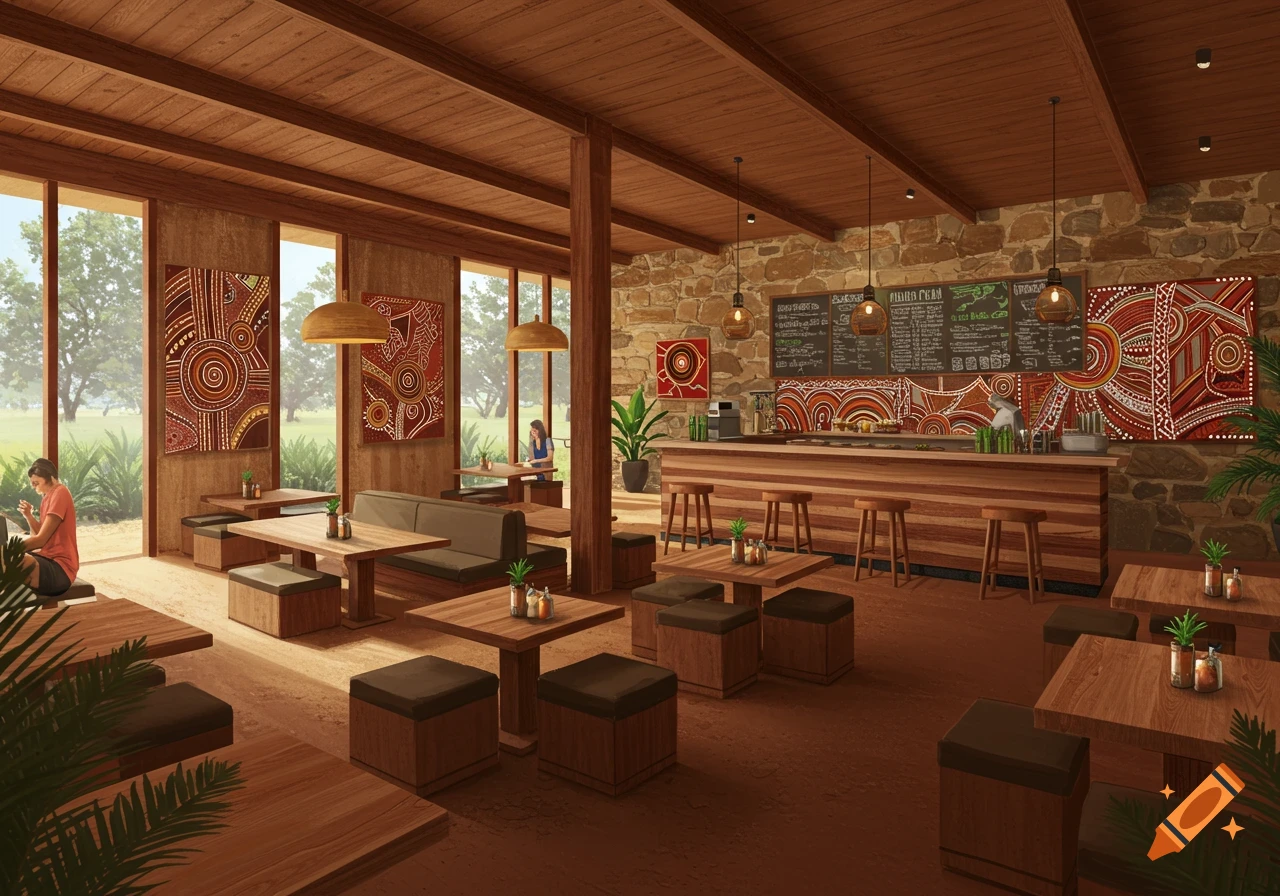 A cafe interior with wood and stone elements, tables, bar, and Aboriginal-style art on walls. People are seated.