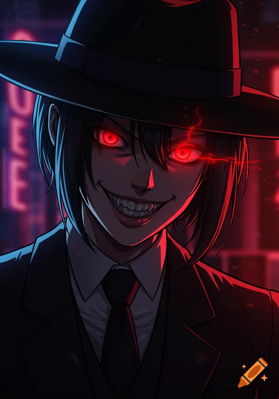 Anime portrait of a menacing character in a fedora and suit, with glowing red eyes and sharp teeth, against a dark background with neon lights.