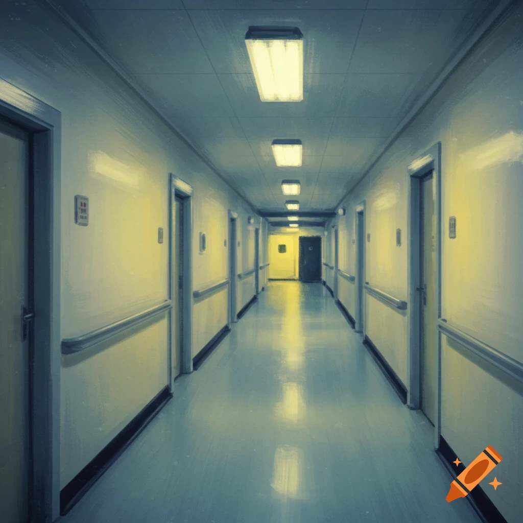 A long, empty hallway is illuminated by glowing fluorescent lights.