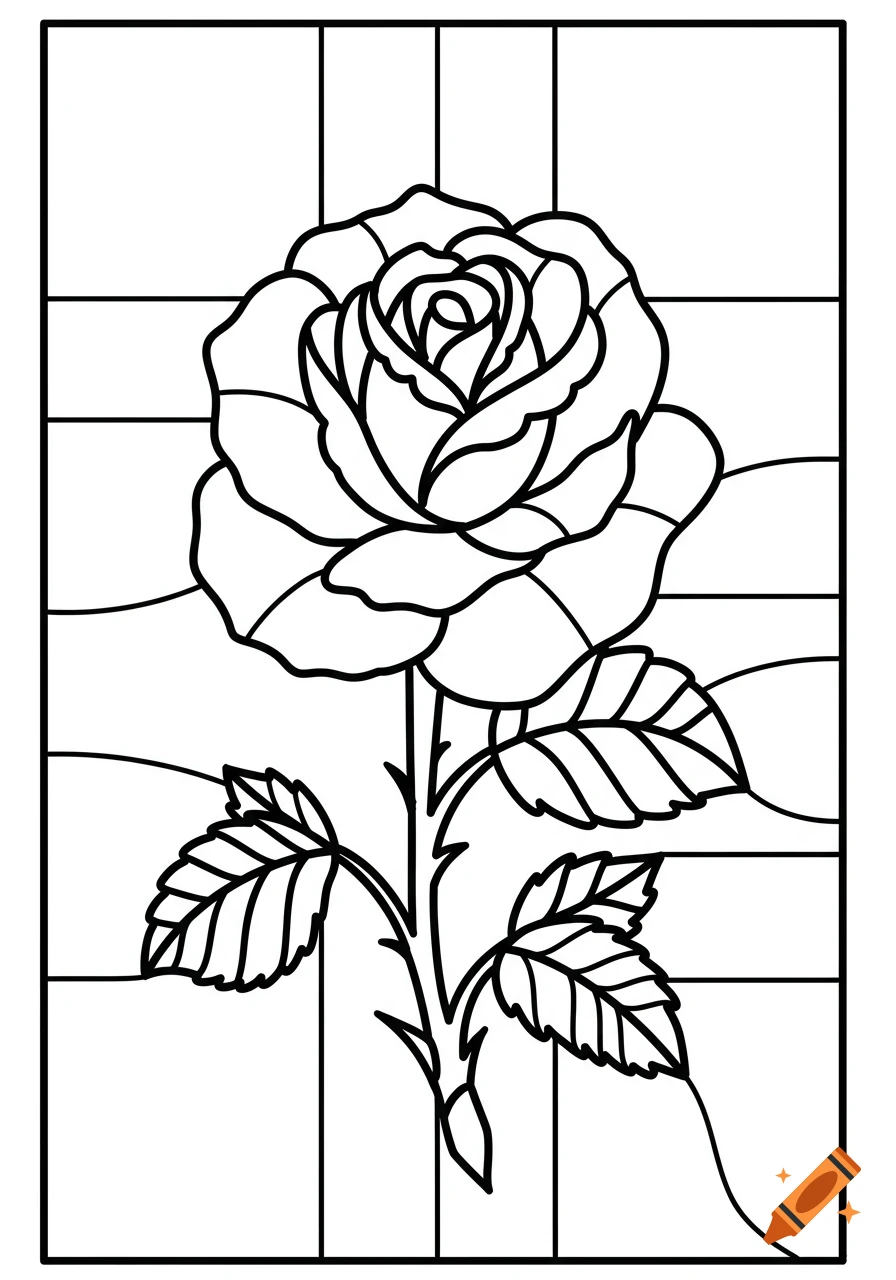 Black line art drawing of a rose in a stained glass style pattern on a white background.