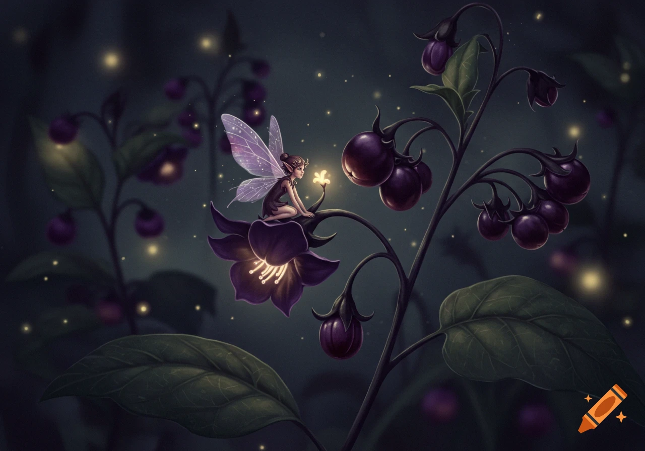 A small fairy sits on a dark purple flower of a nightshade plant in a dark woodland with glowing lights.