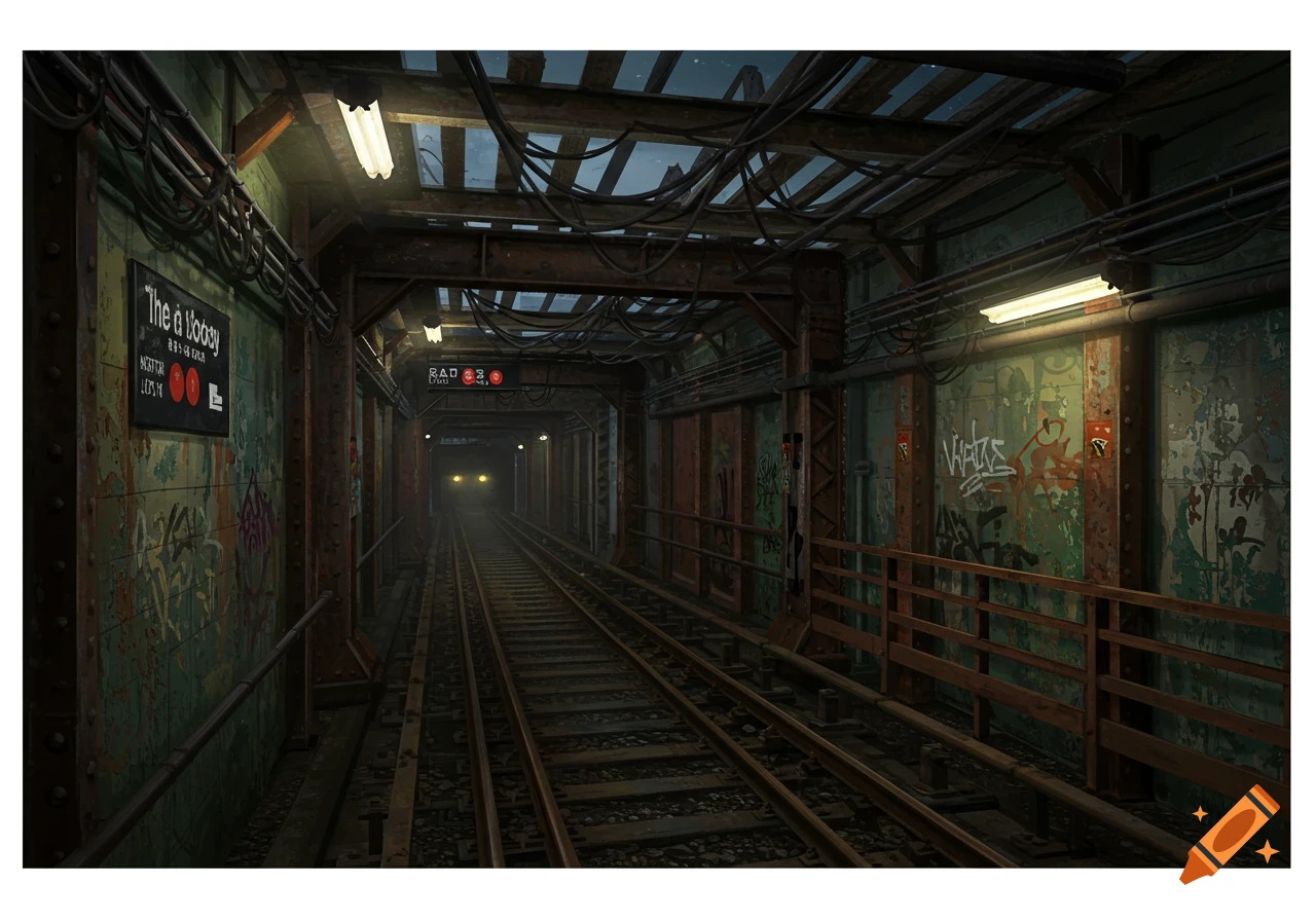 An abandoned subway tunnel with graffiti, tracks, and a train approaching.