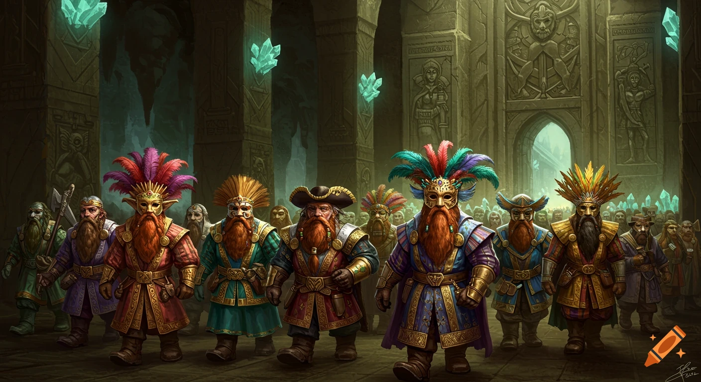 A group of fantasy dwarves in ornate, colorful costumes and masks walk through a grand underground hall.