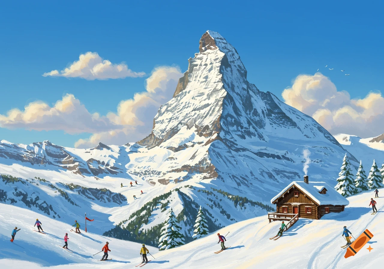 Snowy mountain landscape with skiers and a cabin in a sunny, illustrated style.