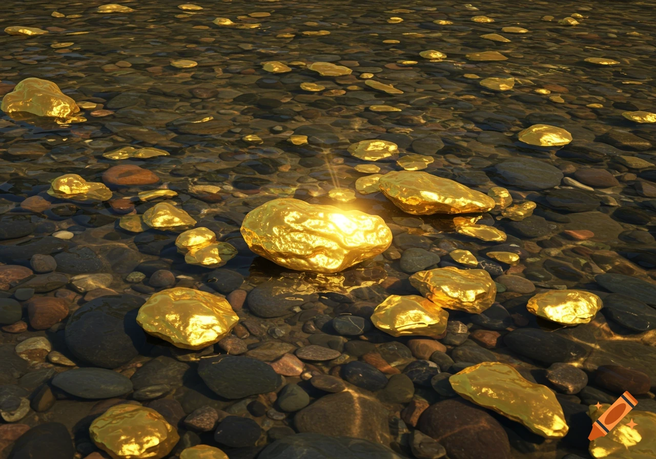 Gold nuggets scattered on a shallow rocky riverbed