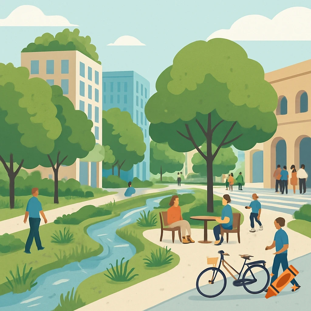 Stylized illustration of a city park with people, buildings, trees, and a stream.