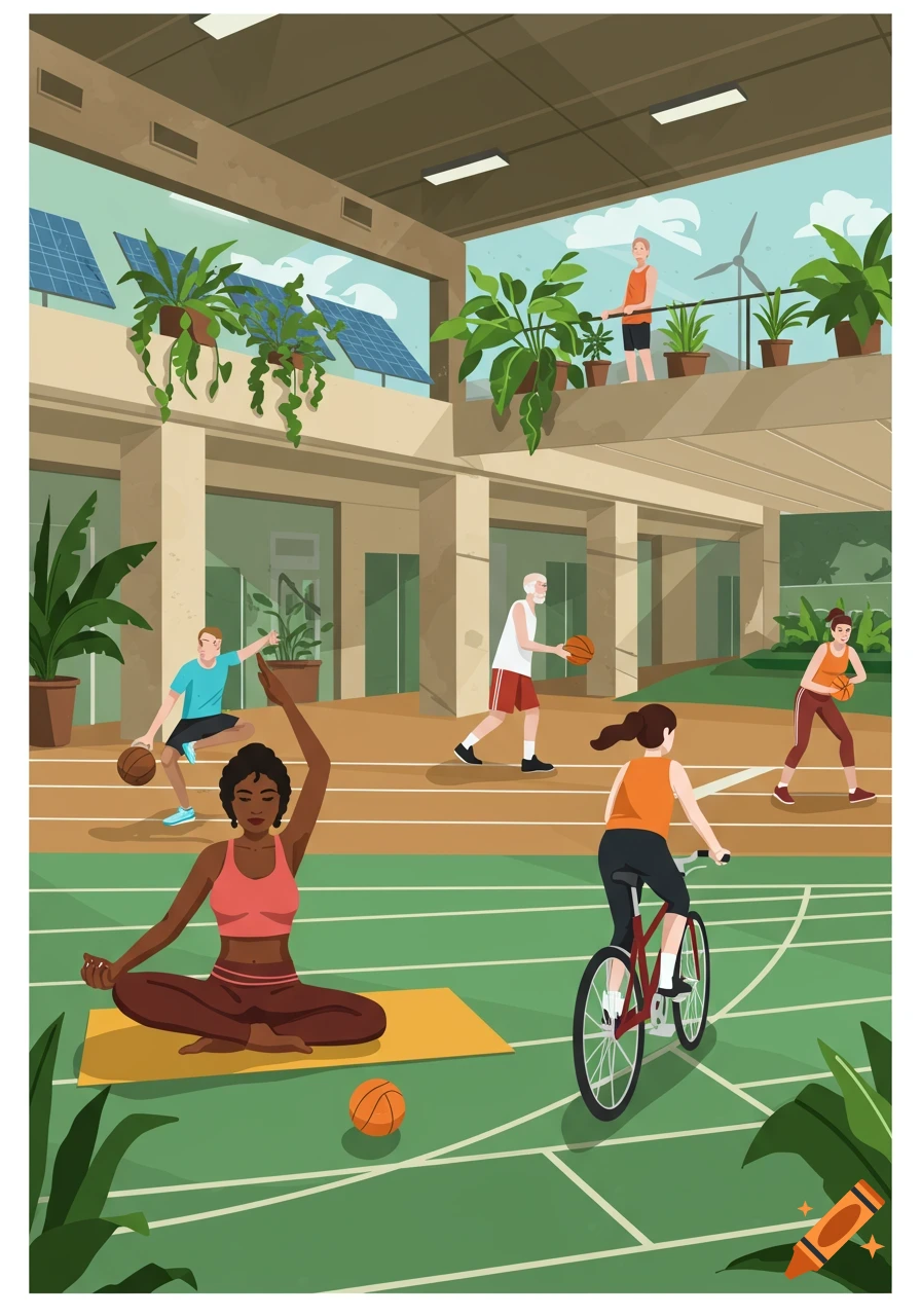 Illustrated scene of people doing yoga, basketball, and cycling in a sustainable sports center with plants and solar panels.