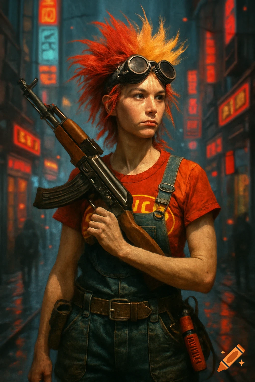 A cyberpunk woman with red and yellow spiky hair, goggles, overalls, holding an AK47 in a rainy city street.