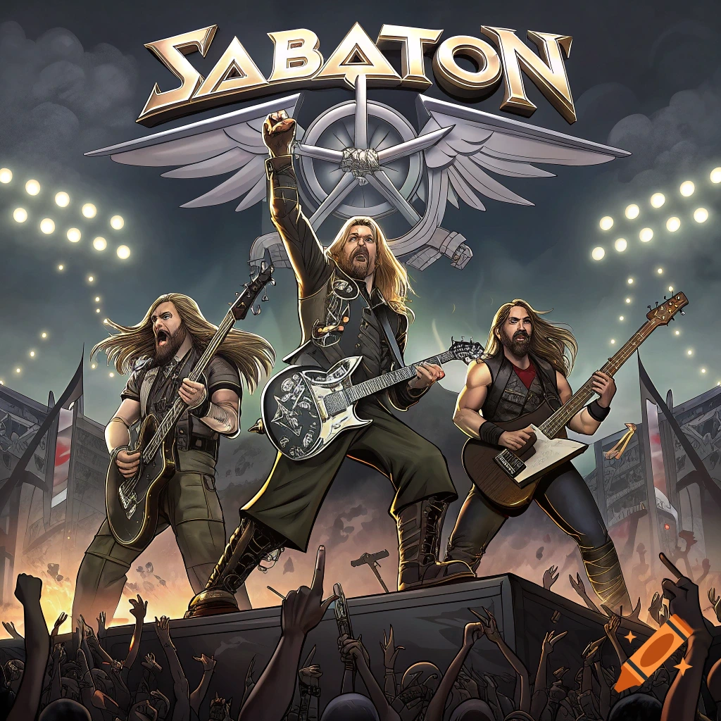 Illustration of a heavy metal band on stage with their logo above