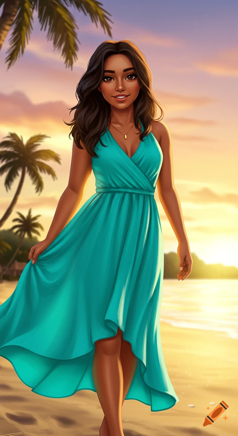 A woman in a blue dress walks on a beach at sunset with palm trees.