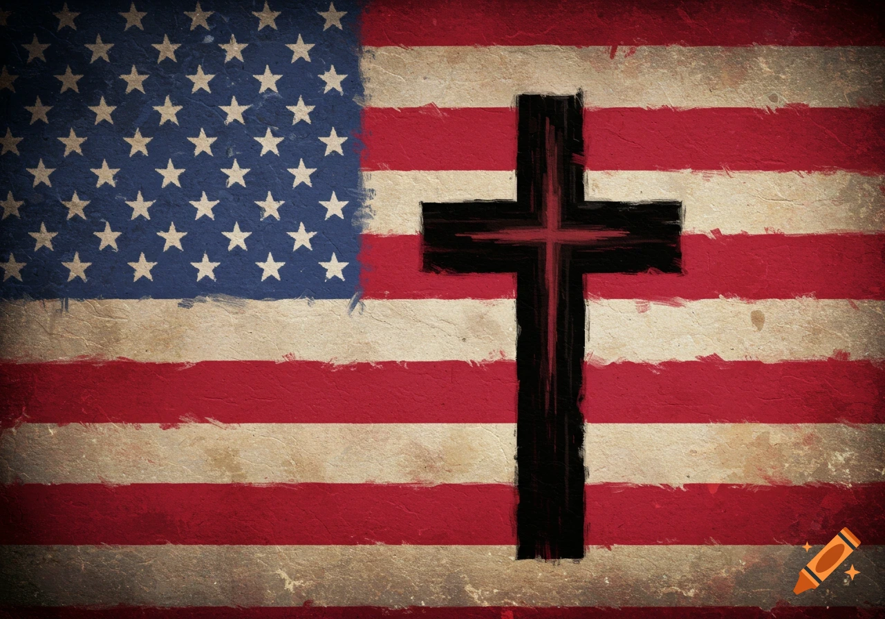 Distressed American flag with a black Christian cross overlay.
