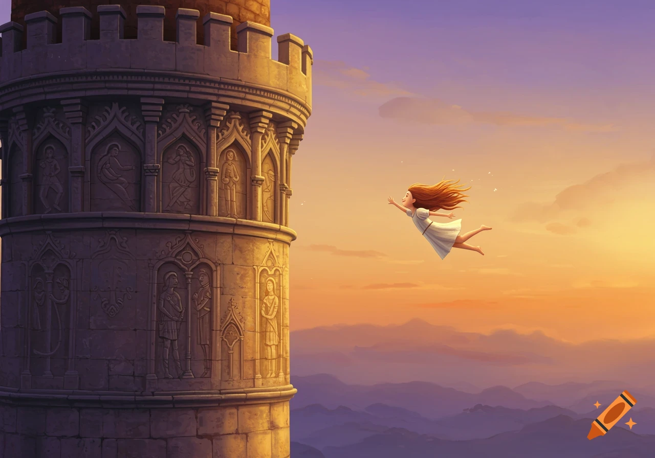 A young girl flies joyfully by a tall medieval tower at sunset, in a whimsical fairytale style.