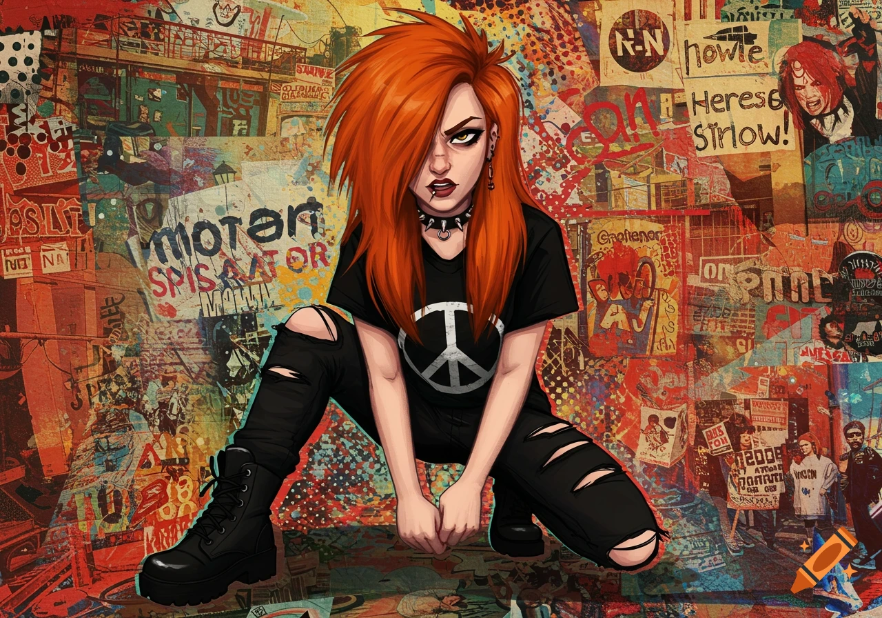 Cartoon-style person with bright red hair in ripped jeans and a peace sign shirt, kneeling in front of a busy, graffiti-covered wall.