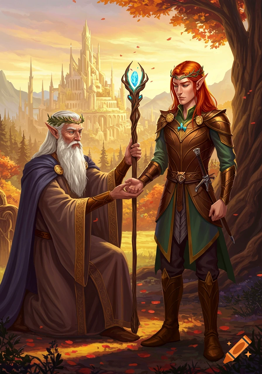 An older wizard kneeling and holding the hand of a younger elf warrior, before a fantasy city at sunset.