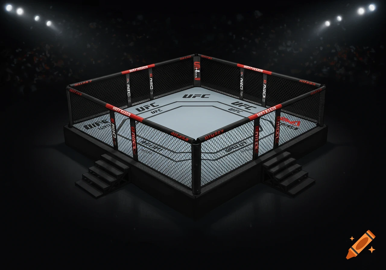 An empty UFC Octagon cage is lit from above in a dark arena.