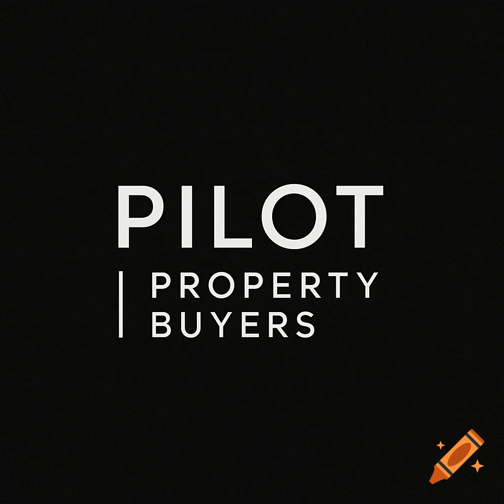 Minimalist logo with white text 'PILOT' and 'PROPERTY BUYERS' on black background.