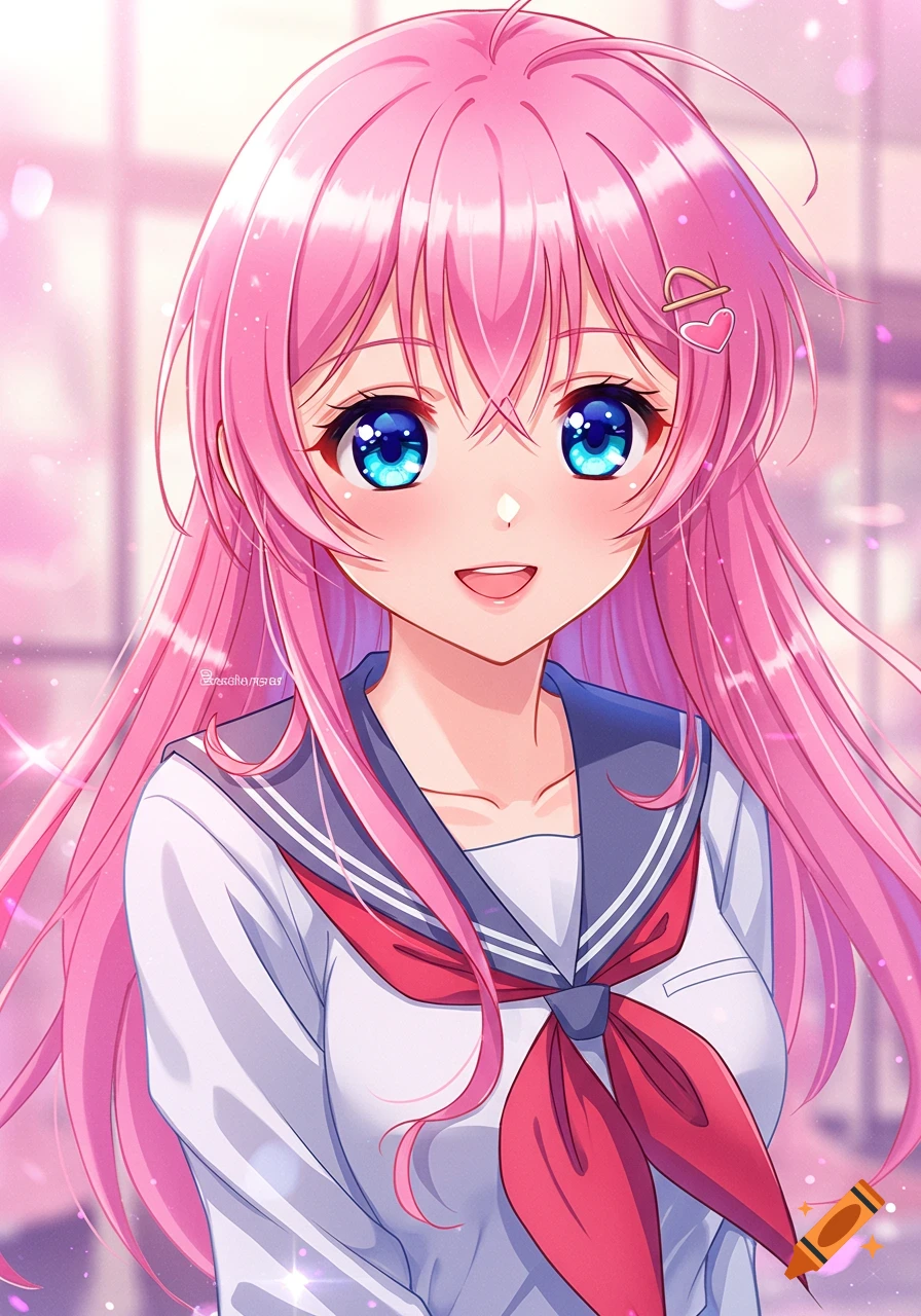 Close-up anime portrait of a girl with pink hair and blue eyes wearing a school uniform.