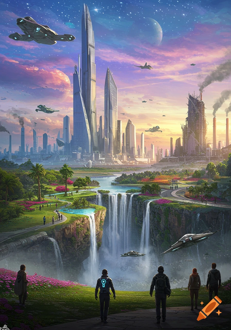 Futuristic city blending lush parks, waterfalls, and skyscrapers with industrial elements and flying vehicles.