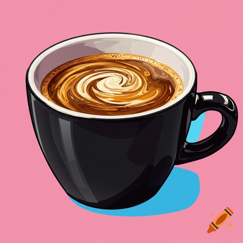 A stylized black cup of coffee with swirled foam on a pink background.