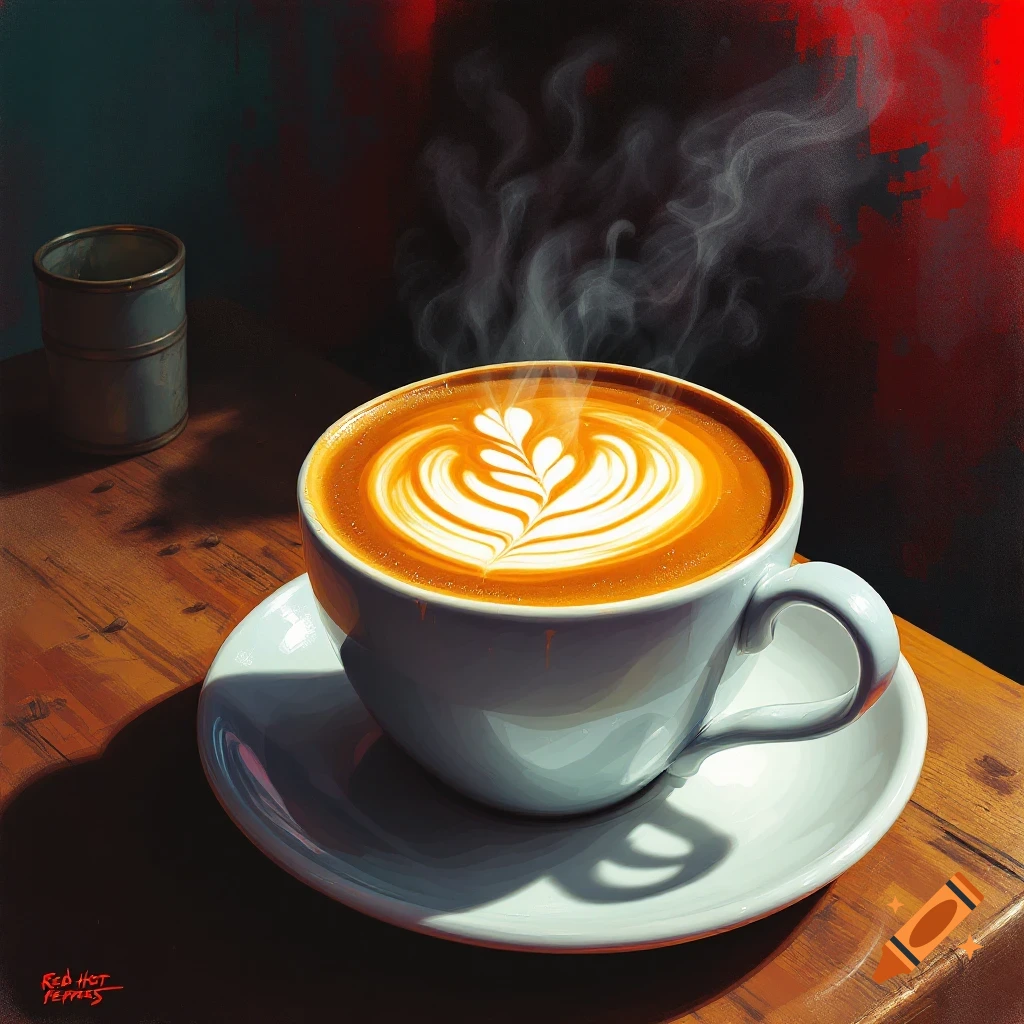 A close-up view of a cup of coffee with intricate latte art and steam, on a wooden table.