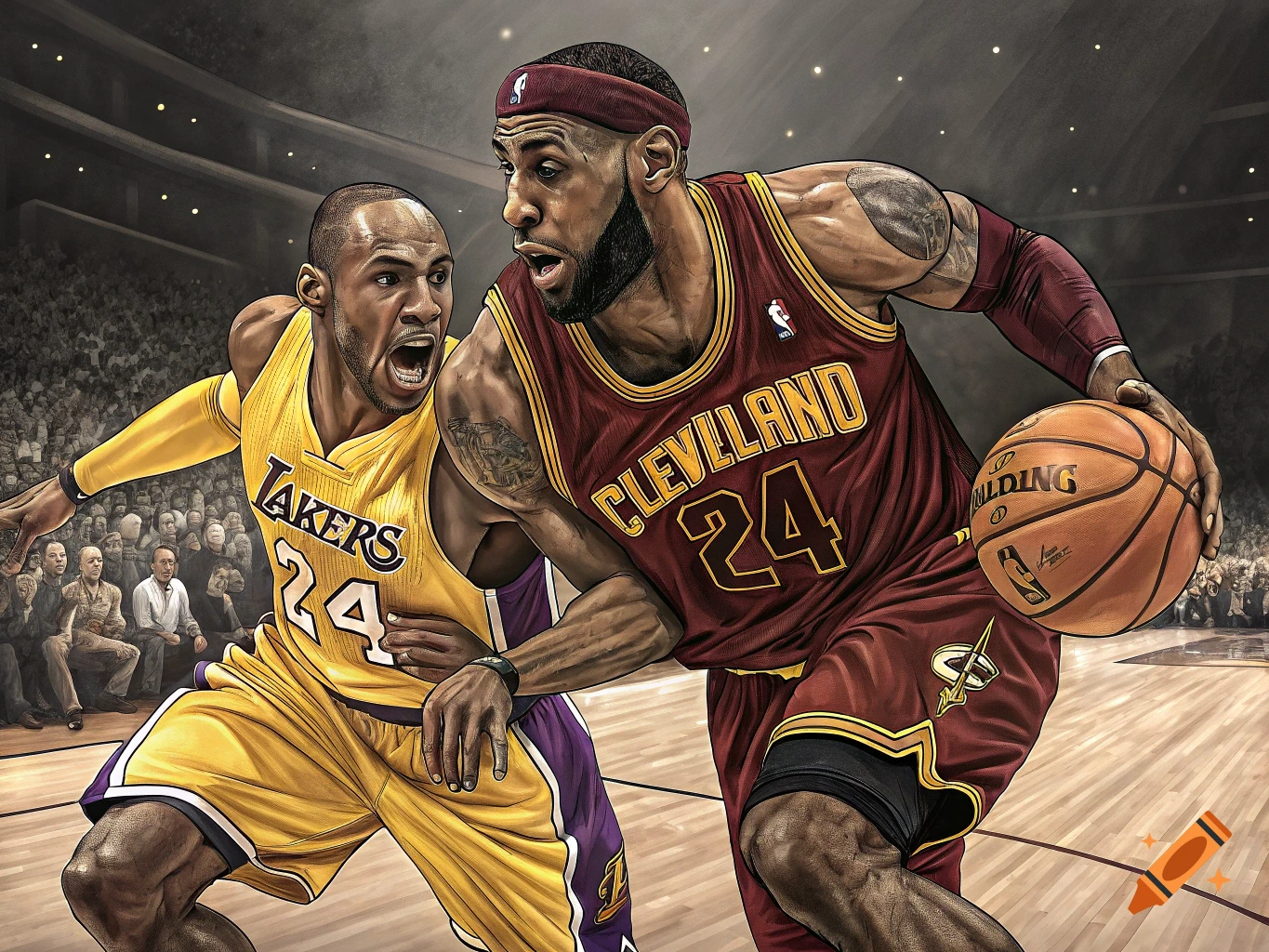 Illustrative image of Kobe Bryant in a Lakers jersey defending LeBron James in a Cavaliers jersey during a basketball game.