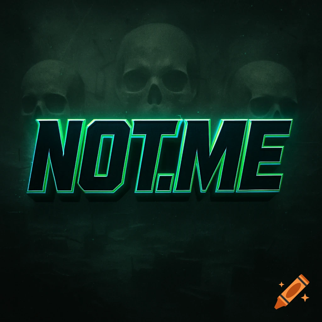 3D text 'NOT.ME' with green glow on a dark background with subtle skull silhouettes.