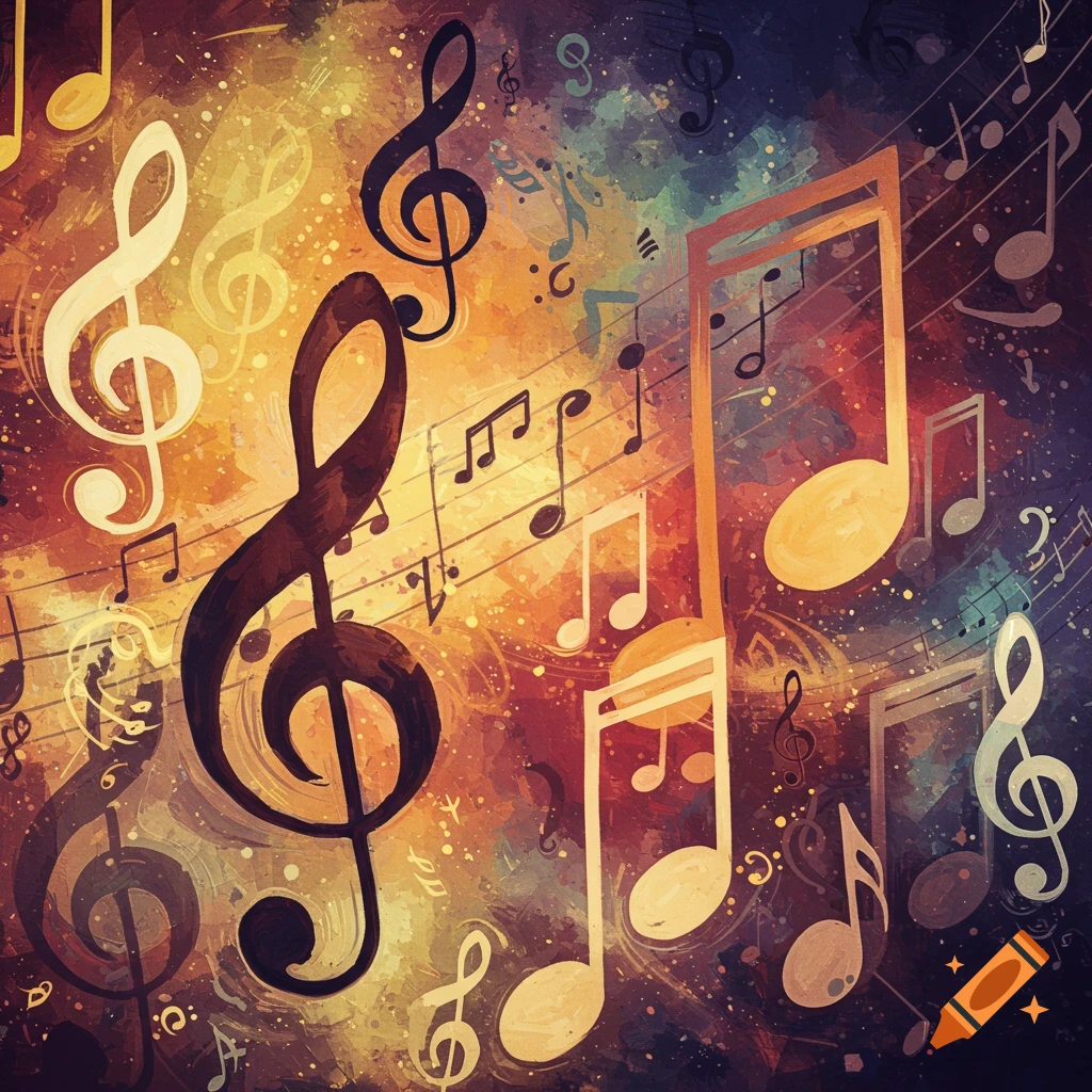 A vibrant image featuring musical notes, clefs, and staffs against an abstract, colorful background.