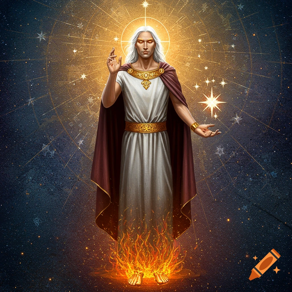 Figure in white robe and red cloak standing in fire, surrounded by stars and cosmic patterns