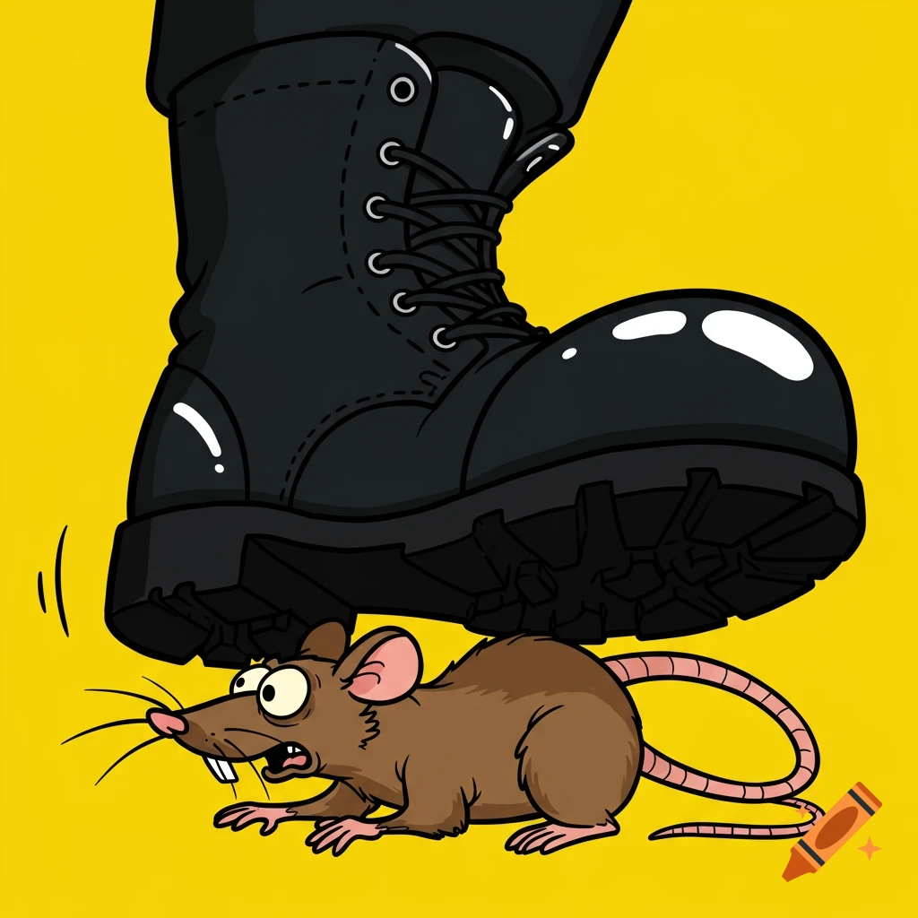 Cartoon of a large black boot about to stomp on a small brown rat on a yellow background.