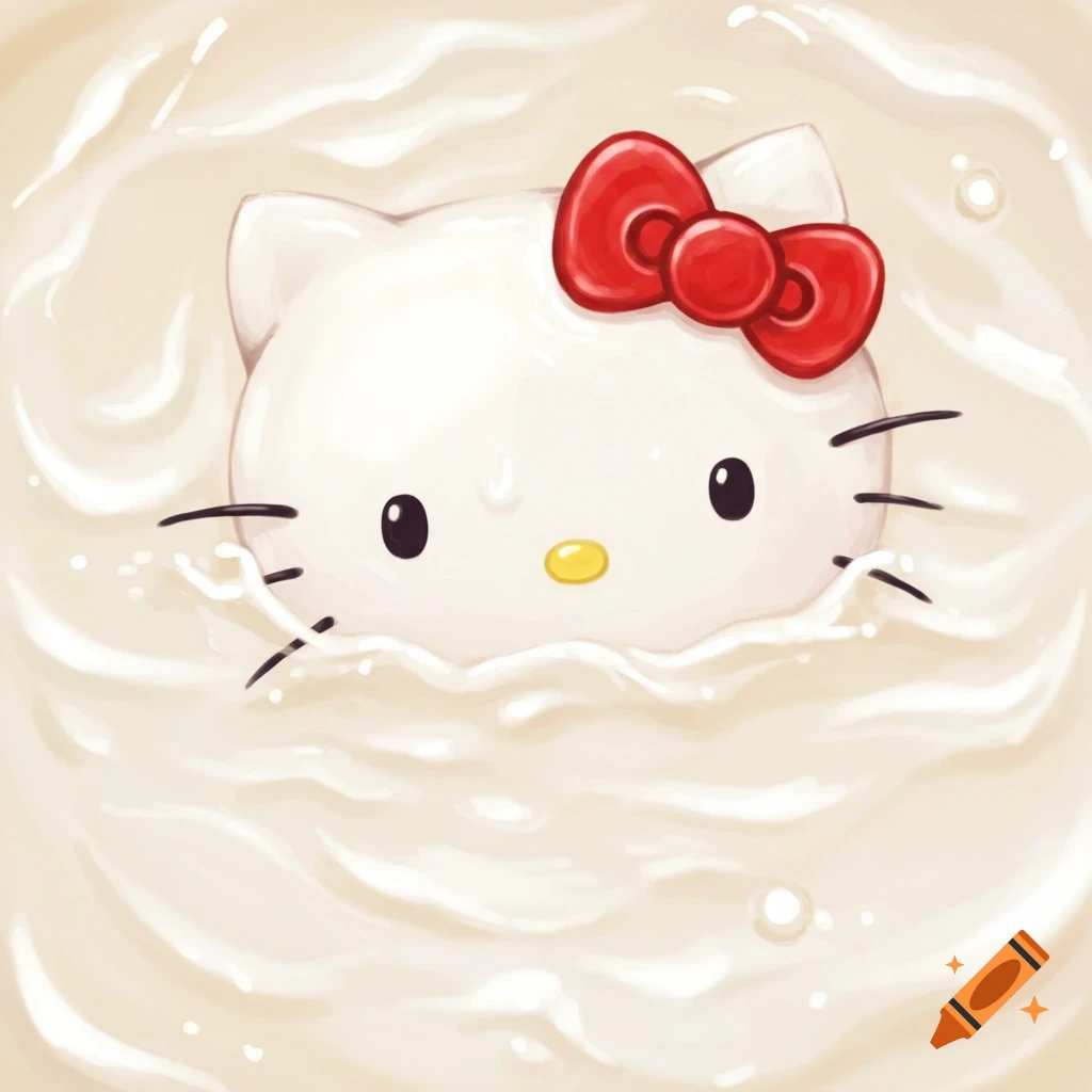 Cute cartoon illustration of Hello Kitty peeking out of white liquid.